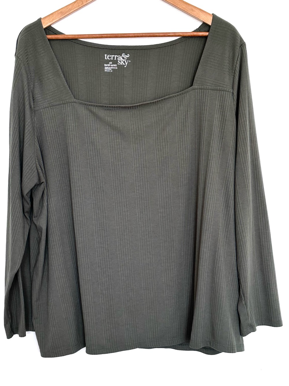 Terra & Sky Plus Shirt Women’s 2X Green Ribbed Square Neck Long Sleeve Top